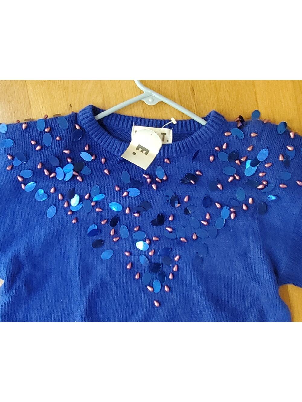 NEW w/TAG 80-90s E.M.T. Silk Angora Rabbit Sweater Sequins Beads ROYAL BLUE